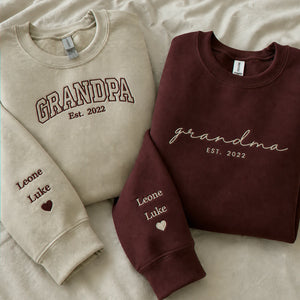 Custom Grandma Grandpa Matching Sweatshirt - Embroidered Varsity Nickname & Kids Name, Grandparent Day Gift