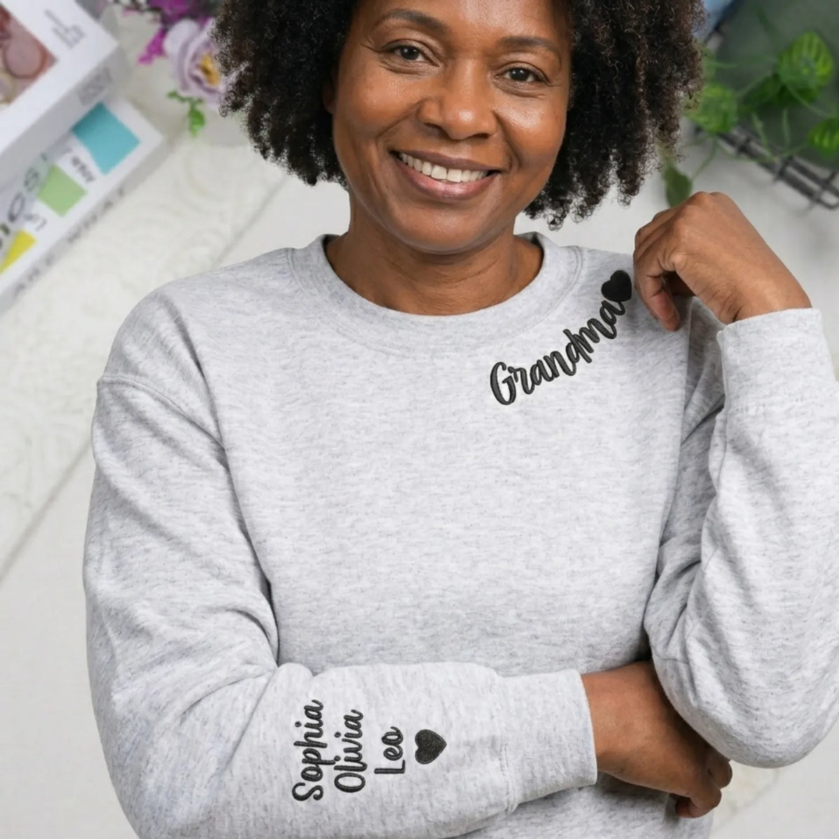 Custom Grandma Nana Gigi Mimi Sweatshirt from Daughter or Son - Neckline Embroidery & Sleeve Names