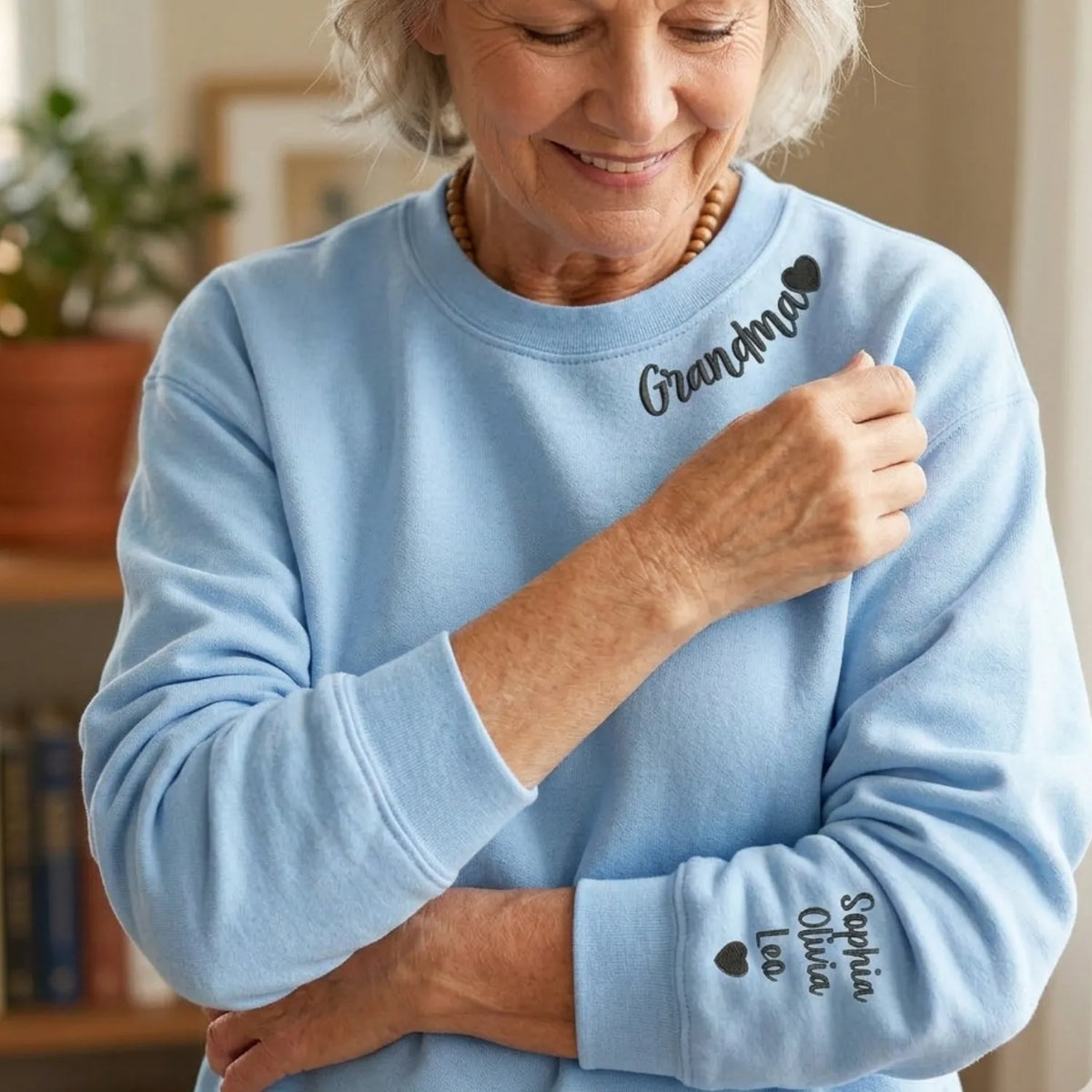Custom Grandma Nana Gigi Mimi Sweatshirt from Daughter or Son - Neckline Embroidery & Sleeve Names