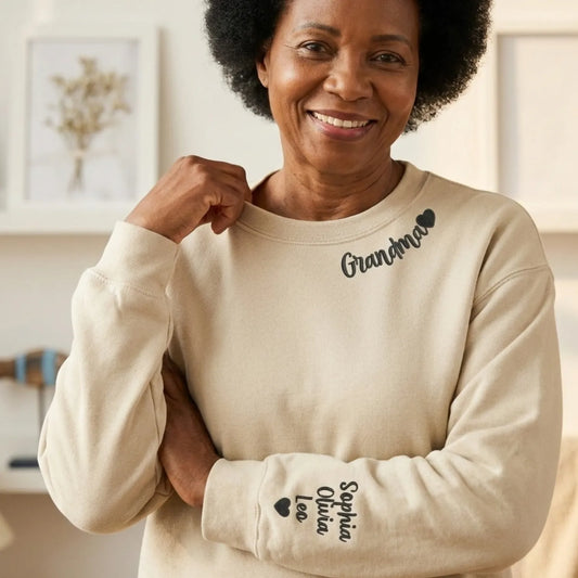 Custom Grandma Nana Gigi Mimi Sweatshirt from Daughter or Son - Neckline Embroidery & Sleeve Names