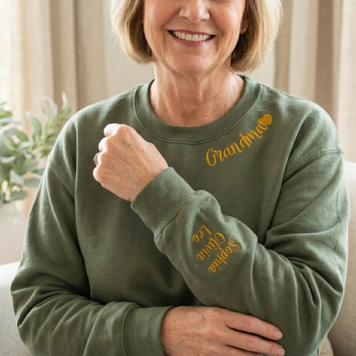 Custom Grandma Nana Gigi Mimi Sweatshirt from Daughter or Son - Neckline Embroidery & Sleeve Names