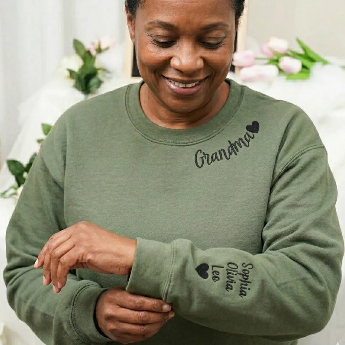 Custom Grandma Nana Gigi Mimi Sweatshirt from Daughter or Son - Neckline Embroidery & Sleeve Names