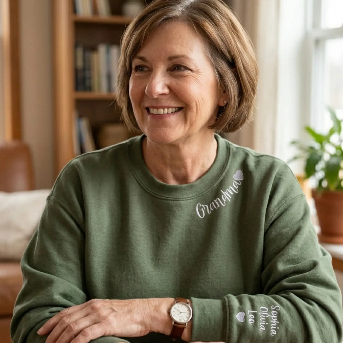 Custom Grandma Nana Gigi Mimi Sweatshirt from Daughter or Son - Neckline Embroidery & Sleeve Names
