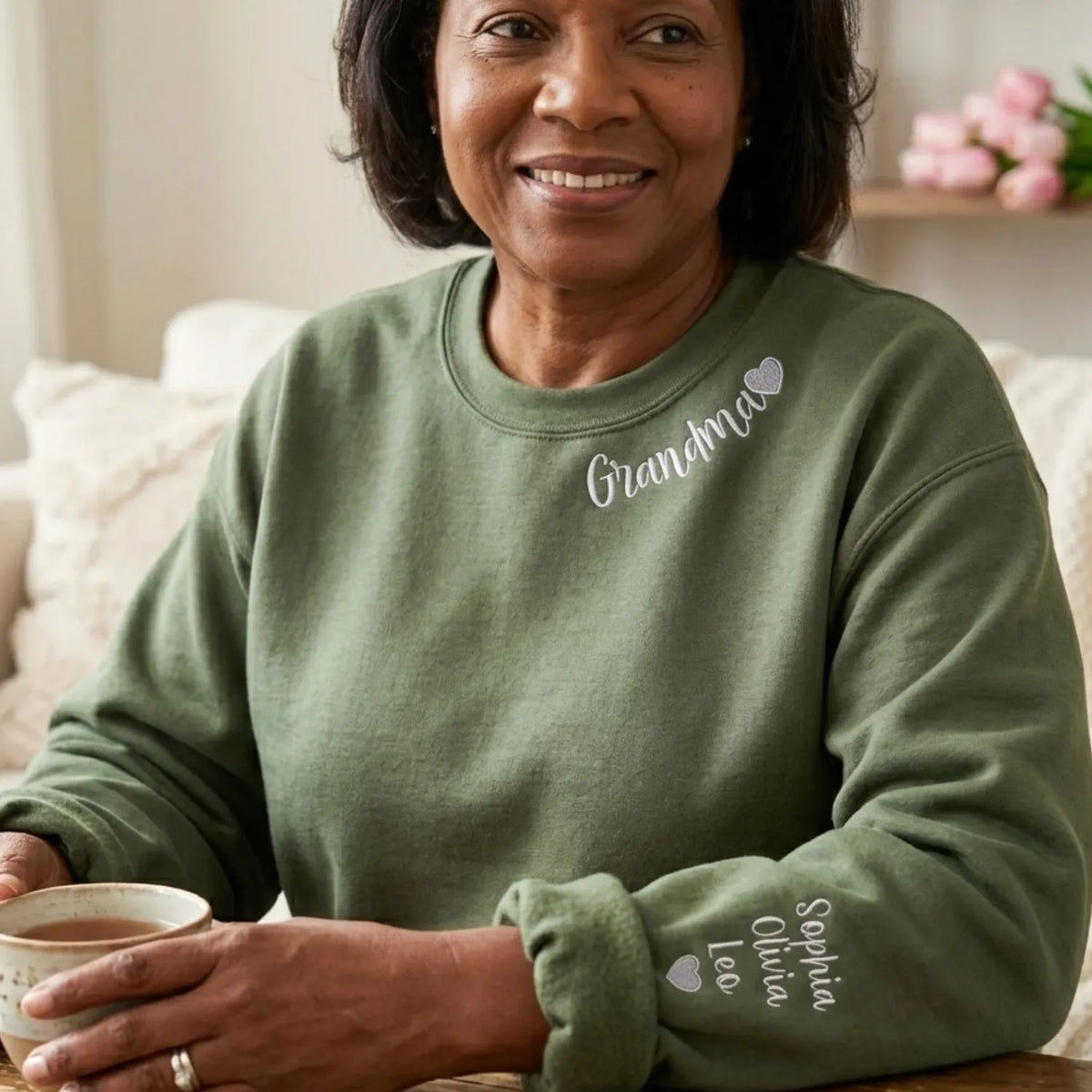 Custom Grandma Nana Gigi Mimi Sweatshirt from Daughter or Son - Neckline Embroidery & Sleeve Names