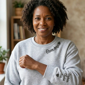 Custom Grandma Nana Gigi Mimi Sweatshirt from Daughter or Son - Neckline Embroidery & Sleeve Names