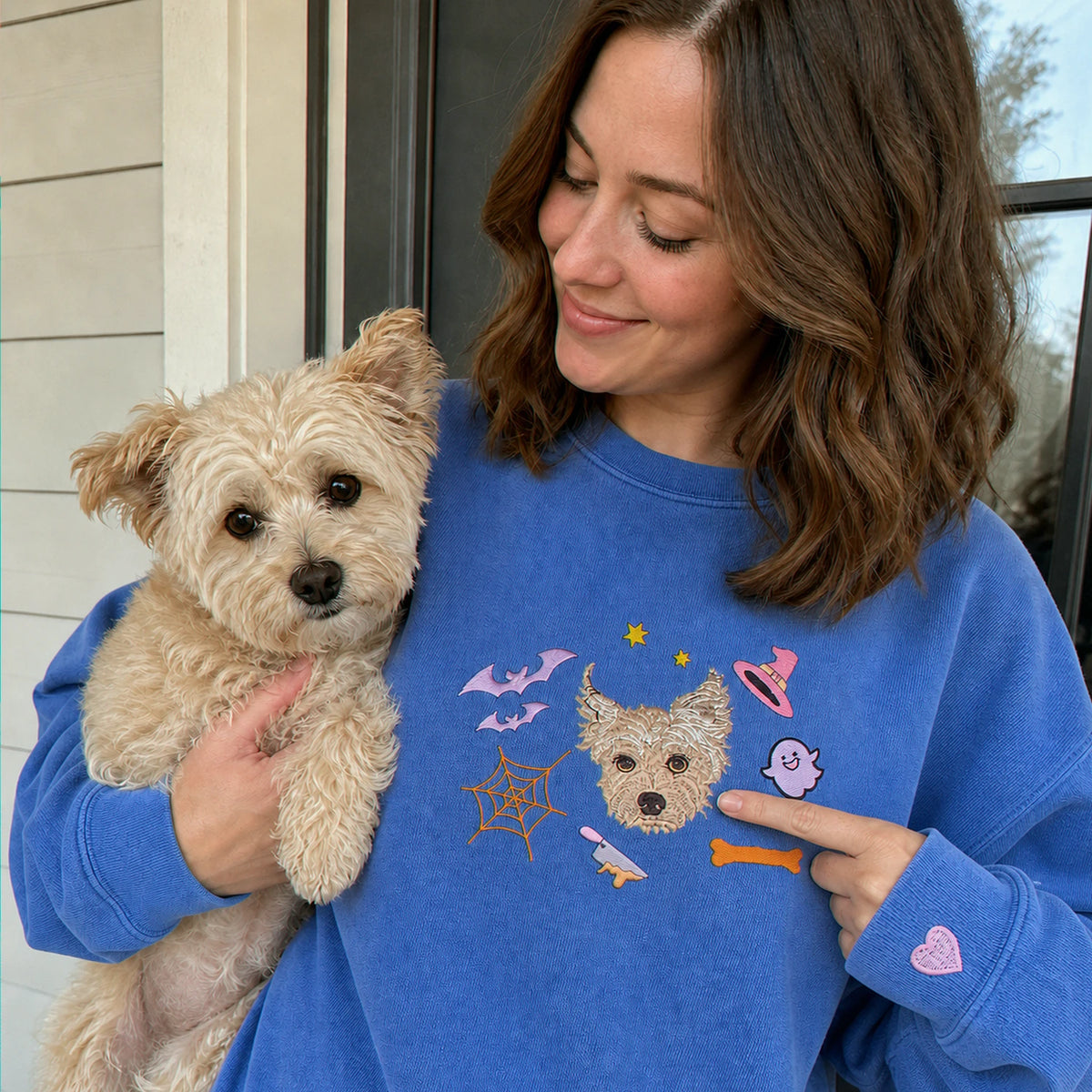 Custom Comfort Colors® Halloween Dog Portrait Sweatshirt - Embroidered Pet Photo with Fall Theme Sweater