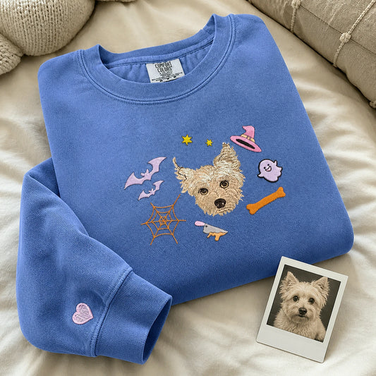 Custom Comfort Colors® Halloween Dog Portrait Sweatshirt - Embroidered Pet Photo with Fall Theme Sweater