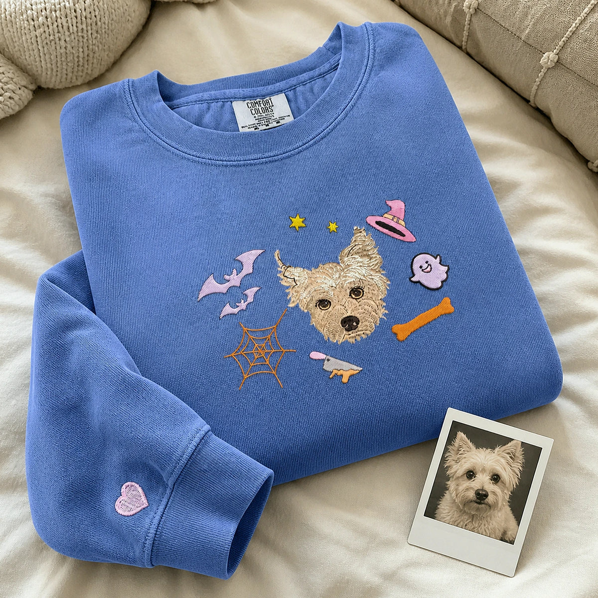 Custom Comfort Colors® Halloween Dog Portrait Sweatshirt - Embroidered Pet Photo with Fall Theme Sweater