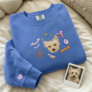 Custom Comfort Colors® Halloween Dog Portrait Sweatshirt - Embroidered Pet Photo with Fall Theme Sweater
