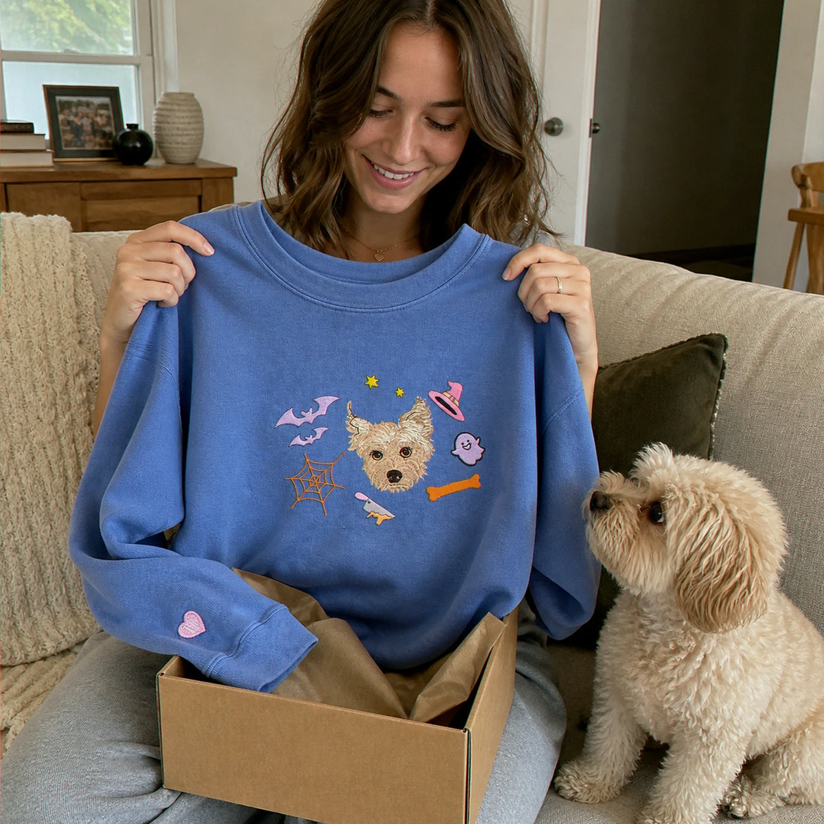 Custom Comfort Colors® Halloween Dog Portrait Sweatshirt - Embroidered Pet Photo with Fall Theme Sweater