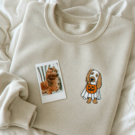 Custom Halloween Ghost Dog Portrait Sweatshirt - Embroidered Pet in Ghost Sheet Photo, Cozy Season Gift