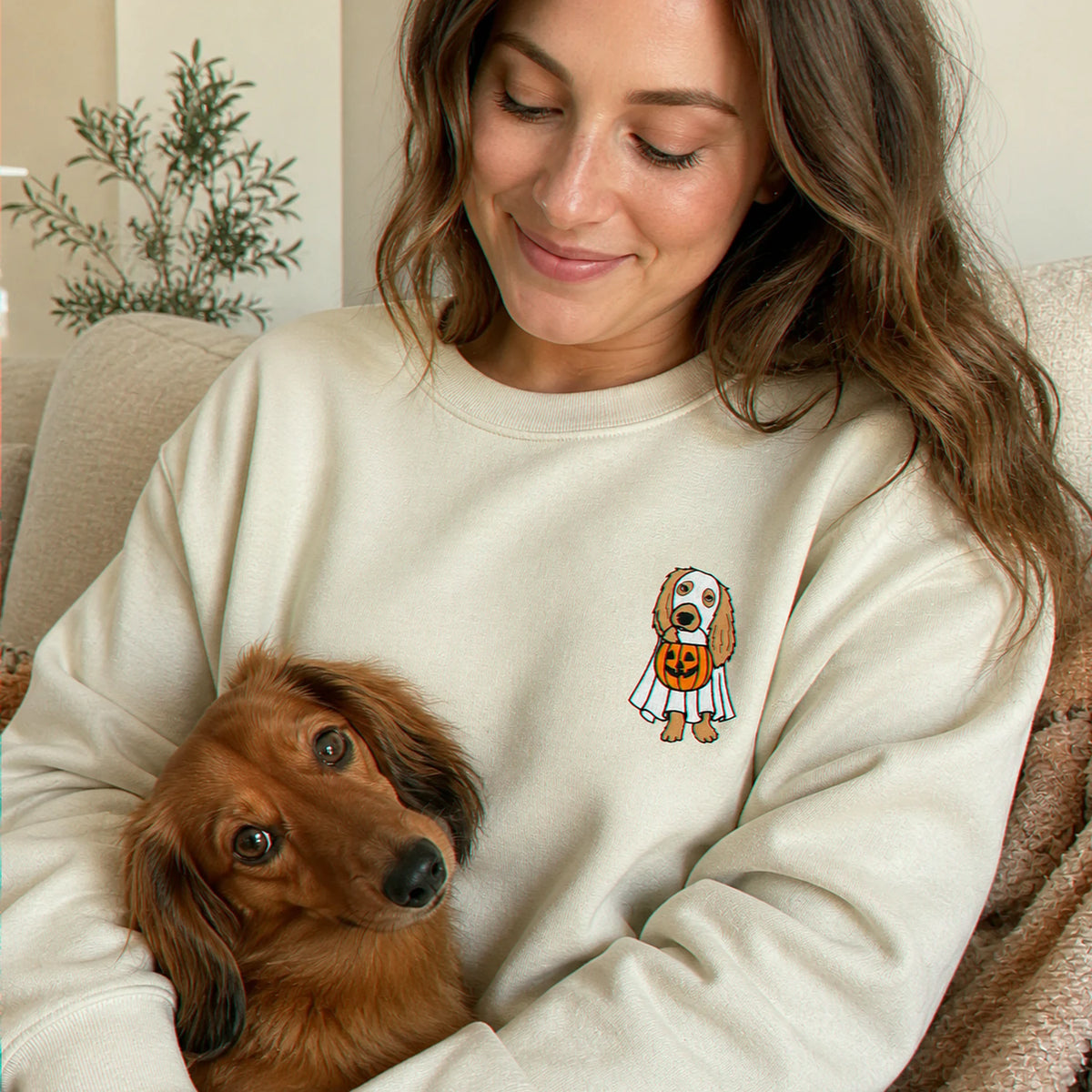 Custom Halloween Ghost Dog Portrait Sweatshirt - Embroidered Pet in Ghost Sheet Photo, Cozy Season Gift
