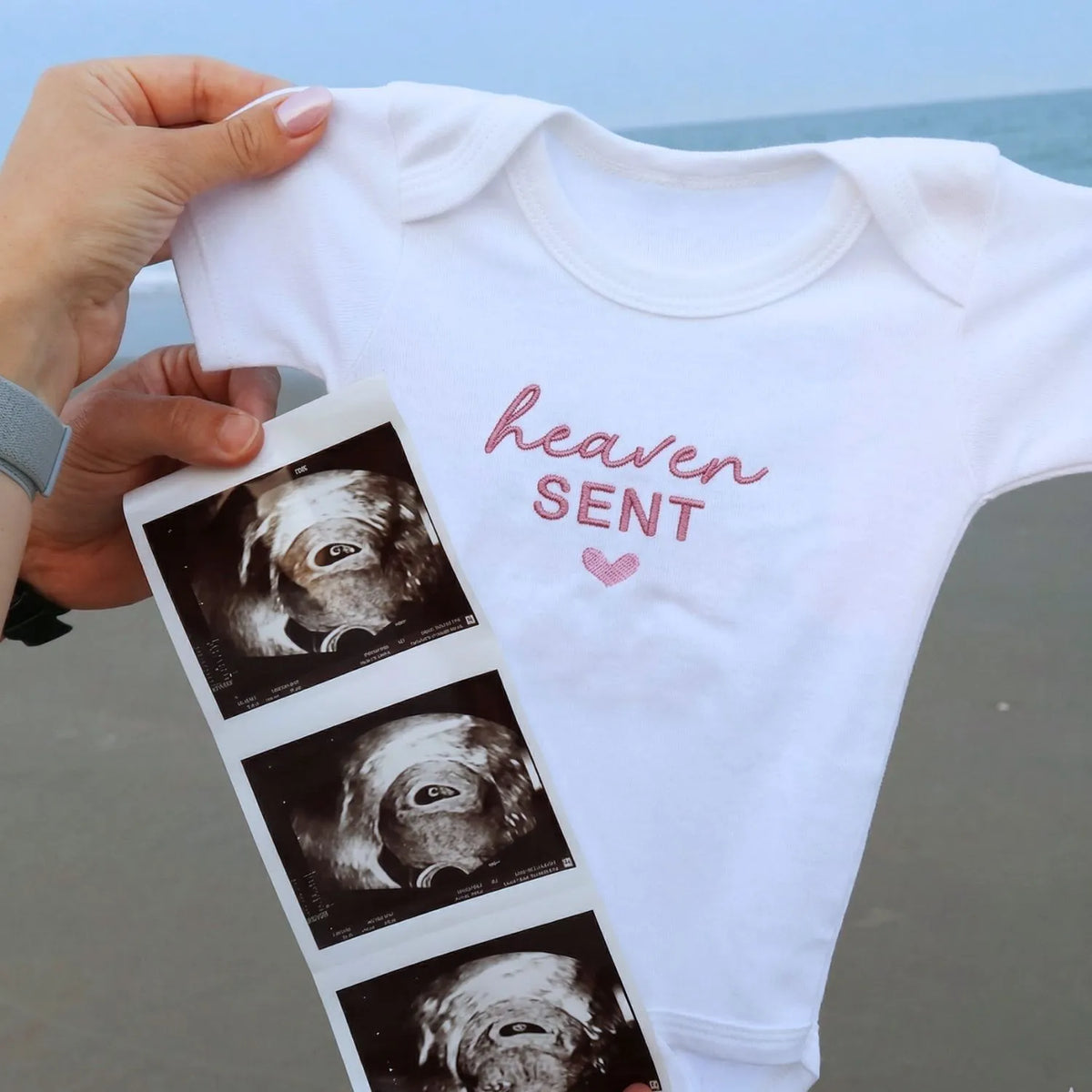 embroidered heaven sent baby onesie for pregnancy announcement newborn outfit