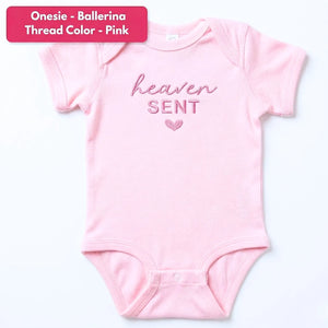 embroidered heaven sent baby onesie for pregnancy announcement newborn outfit