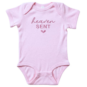 embroidered heaven sent baby onesie for pregnancy announcement newborn outfit