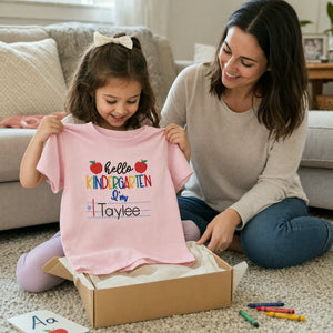 Personalized First Day of School T-shirt for Kindergarten - Embroidered Name Tee with Notebook & Apple Theme
