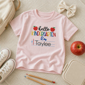 Personalized First Day of School T-shirt for Kindergarten - Embroidered Name Tee with Notebook & Apple Theme