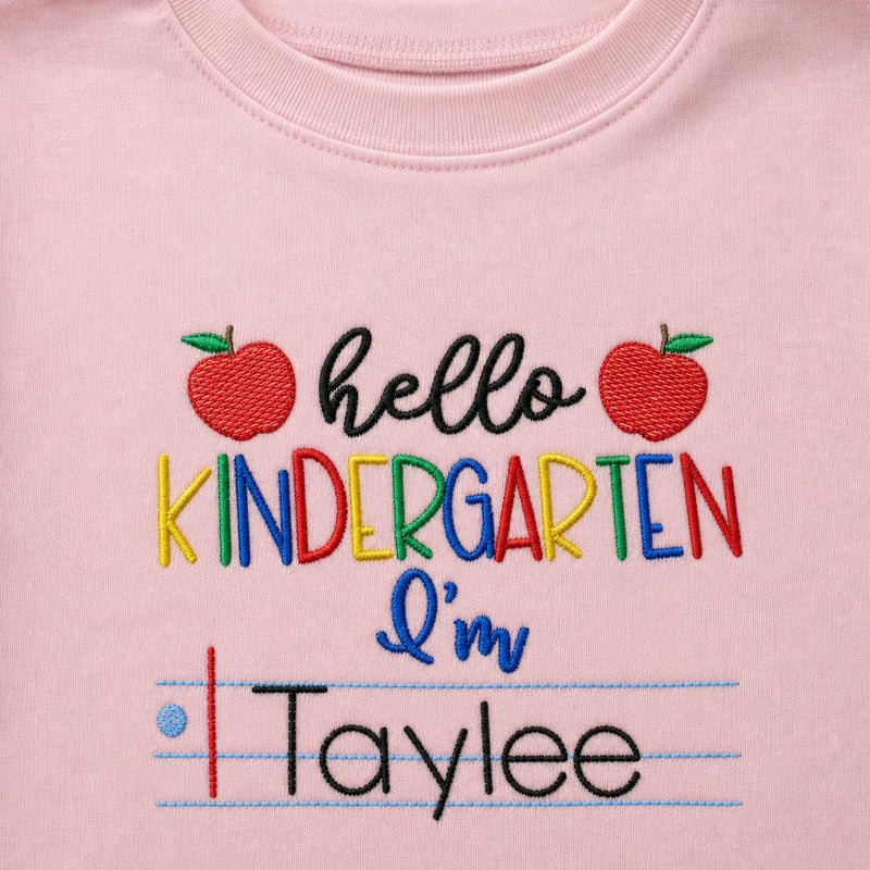 Personalized First Day of School T-shirt for Kindergarten - Embroidered Name Tee with Notebook & Apple Theme