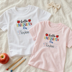 Personalized First Day of School T-shirt for Kindergarten - Embroidered Name Tee with Notebook & Apple Theme