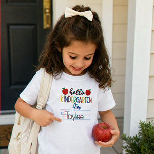 Personalized First Day of School T-shirt for Kindergarten - Embroidered Name Tee with Notebook & Apple Theme