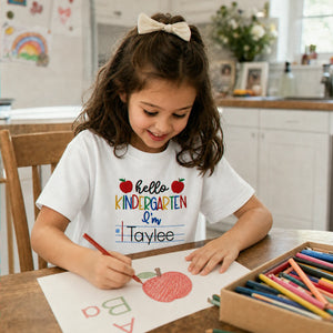 Personalized First Day of School T-shirt for Kindergarten - Embroidered Name Tee with Notebook & Apple Theme