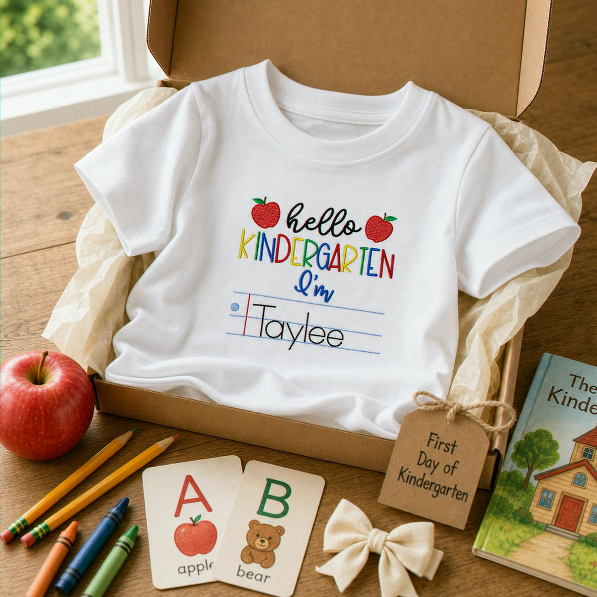Personalized First Day of School T-shirt for Kindergarten - Embroidered Name Tee with Notebook & Apple Theme