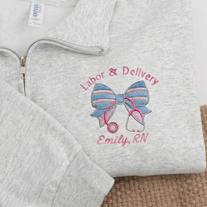 Personalized Labor and Delivery RN Quarter Zip, Custom Embroidered Name & Title Maternity Nurse Week Gift