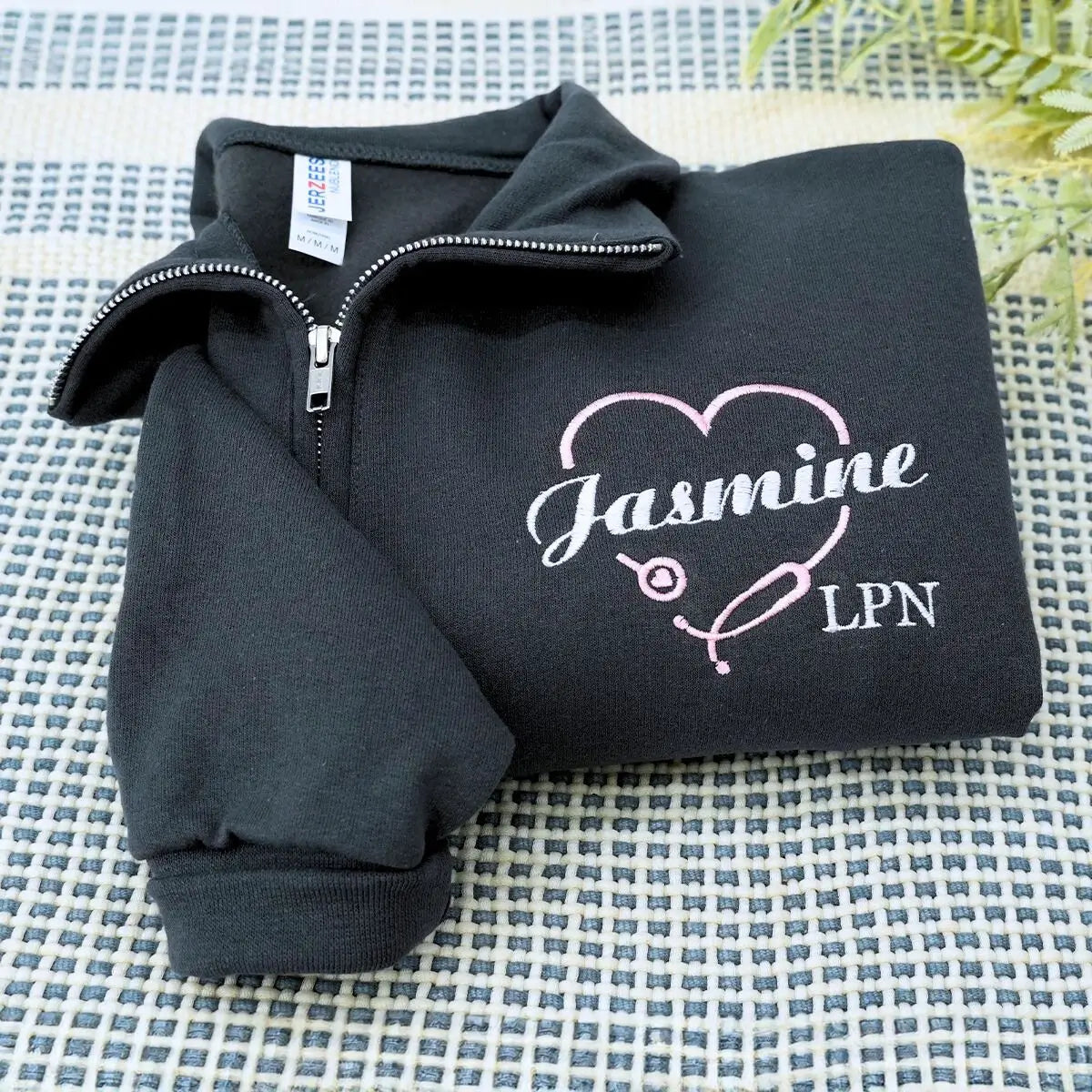 Personalized embroidered nurse sweatshirt with custom name and title, quarter zip gift