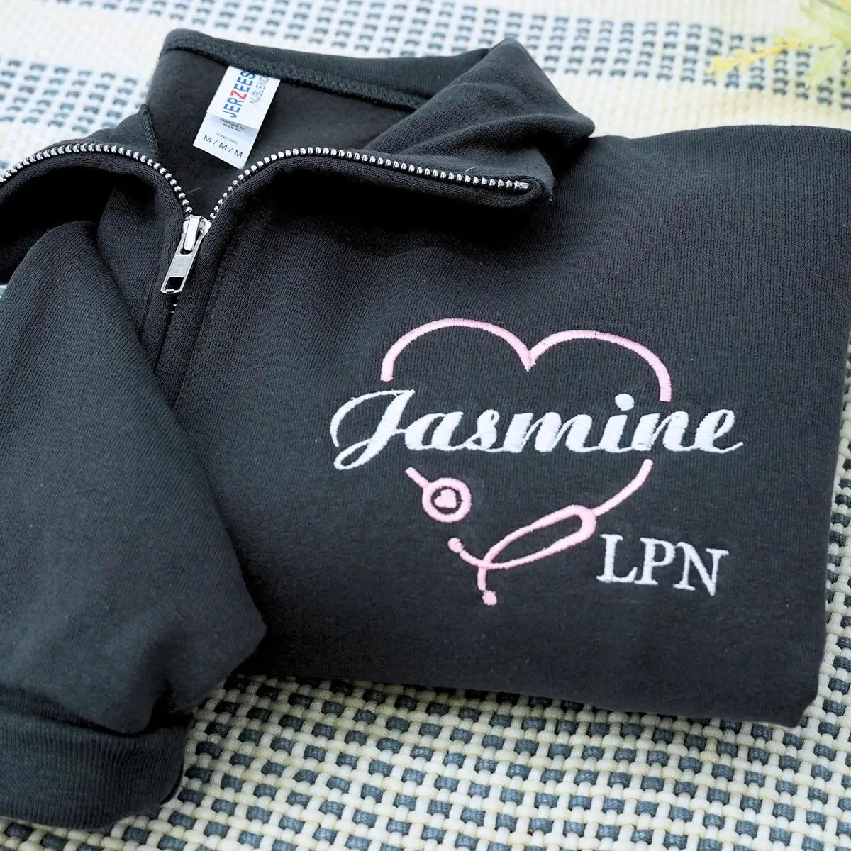 Personalized embroidered nurse sweatshirt with custom name and title, quarter zip gift