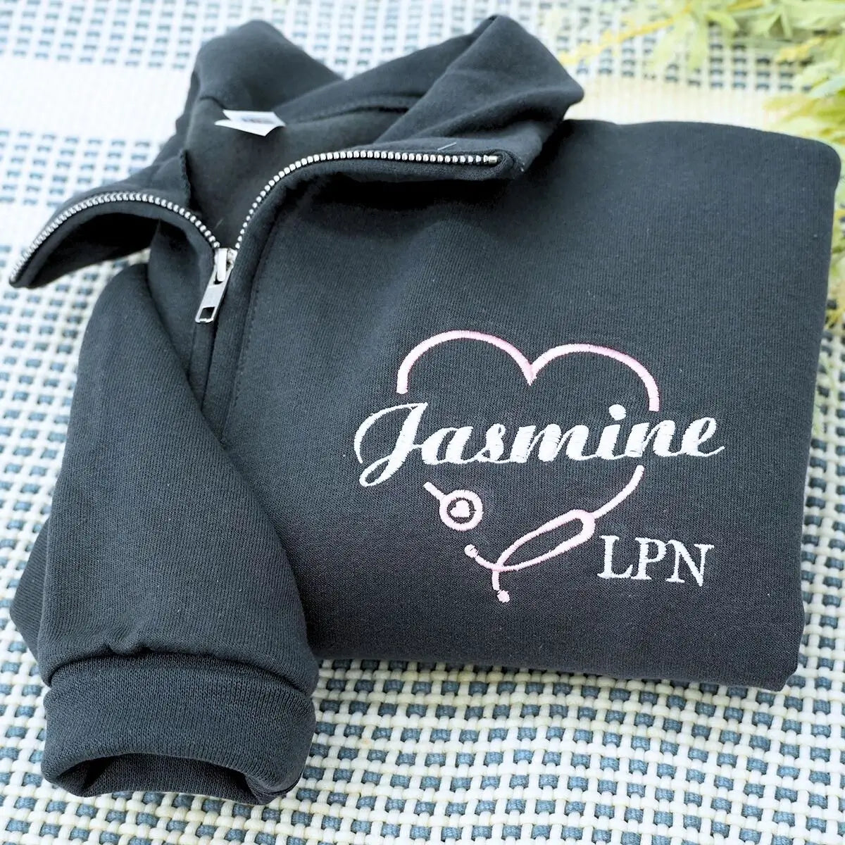 Personalized embroidered nurse sweatshirt with custom name and title, quarter zip gift