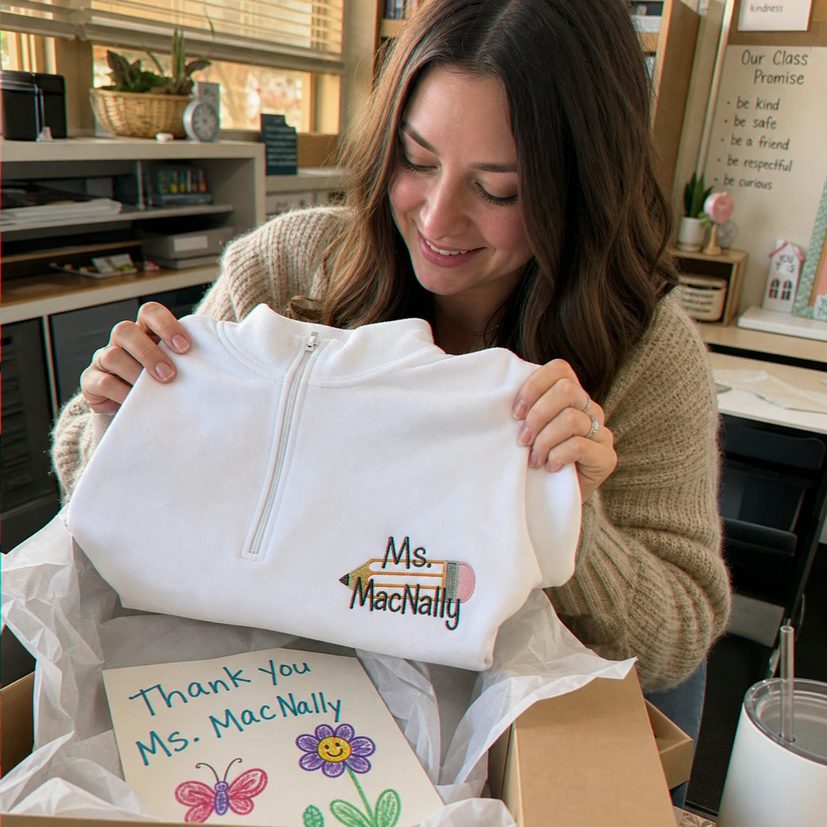 Personalized Kindergarten Teacher Quarter Zip, Name & Pencil Icon Embroidered 1/4-Zip Pullover, Appreciation Gift
