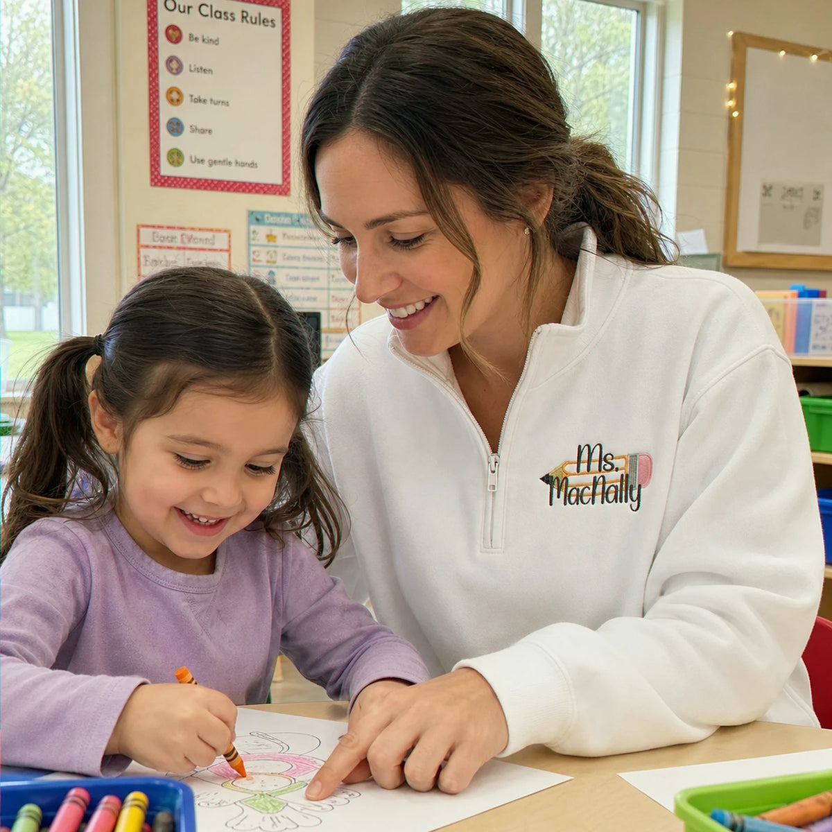 Personalized Kindergarten Teacher Quarter Zip, Name & Pencil Icon Embroidered 1/4-Zip Pullover, Appreciation Gift