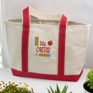 Personalized Preschool Teacher Tote Bag for Birthday - Embroidered Name Canvas Tote with Boho Apple Pencil, Appreciation Gift