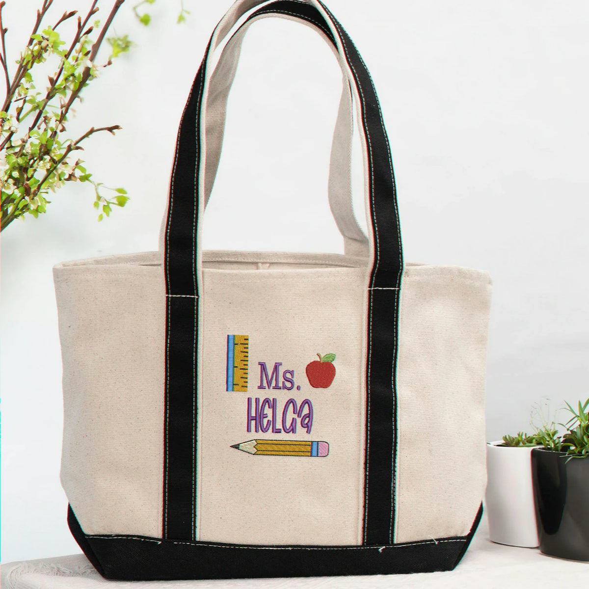 Personalized Preschool Teacher Tote Bag for Birthday - Embroidered Name Canvas Tote with Boho Apple Pencil, Appreciation Gift
