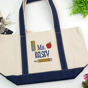 Personalized Preschool Teacher Tote Bag for Birthday - Embroidered Name Canvas Tote with Boho Apple Pencil, Appreciation Gift