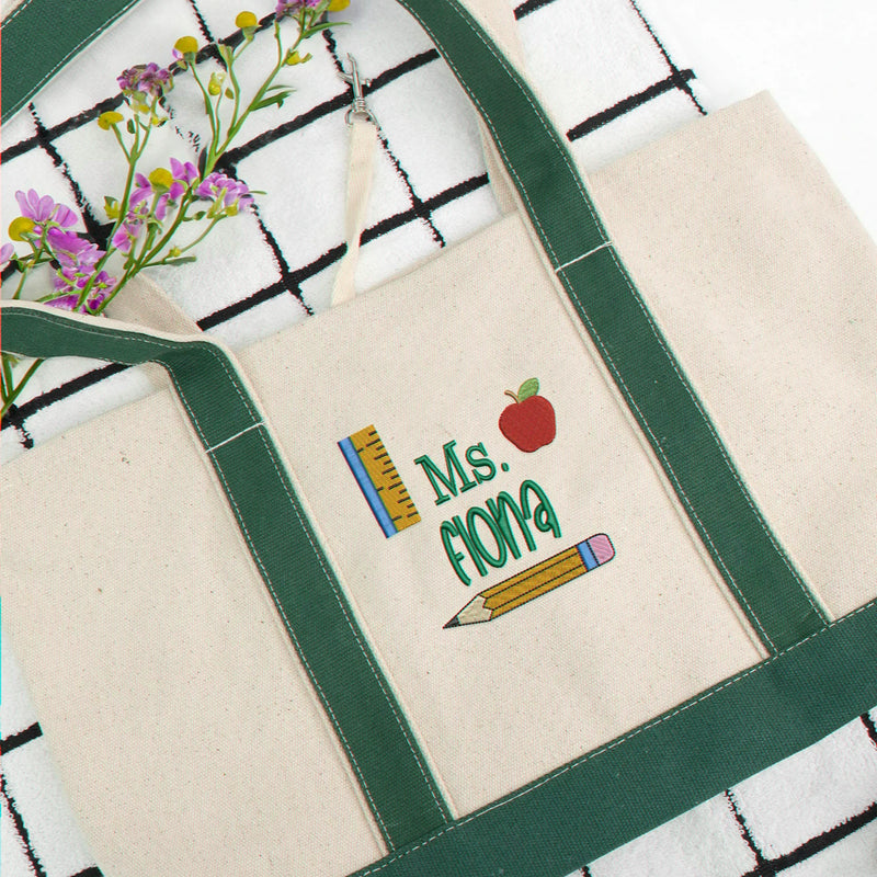 Personalized Preschool Teacher Tote Bag for Birthday - Embroidered Name Canvas Tote with Boho Apple Pencil, Appreciation Gift