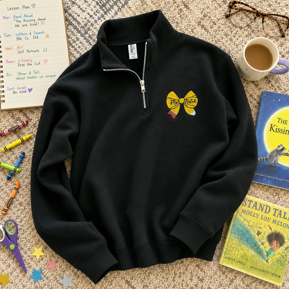 Personalized Back to School Preschool Teacher Quarter Zip - Embroidered Name Pencil Bow, Coquette Teacher Appreciation Gift