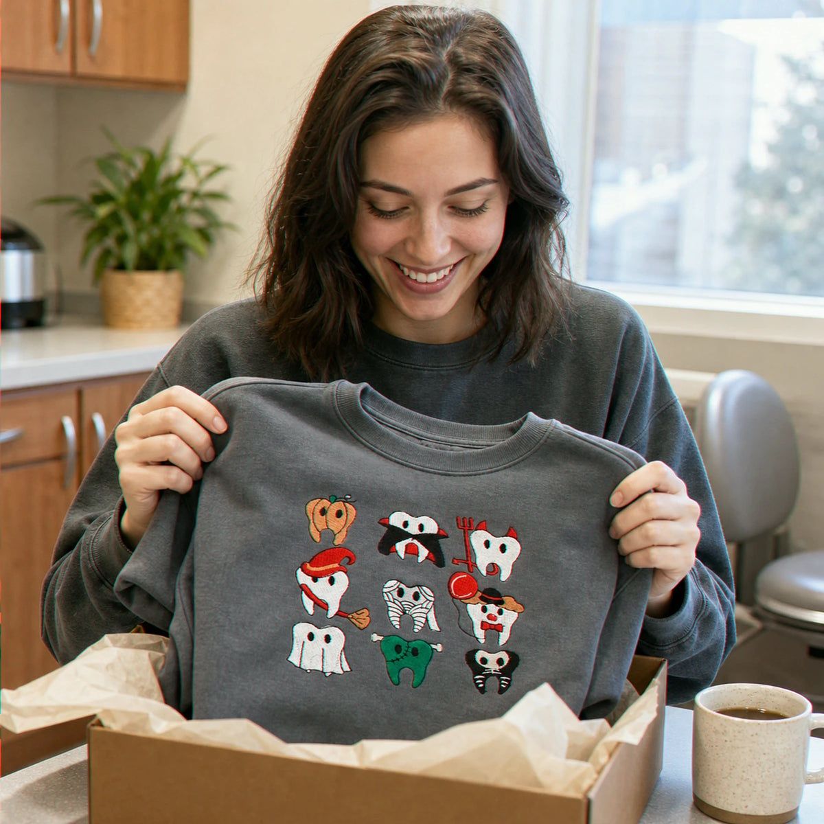 Embroidered Comfort Color® Spooky Halloween Teeth Sweatshirt, Dental Squad Sweater