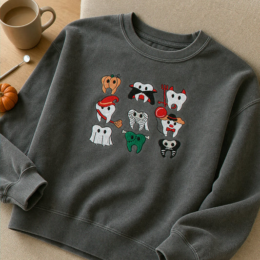 Embroidered Comfort Color® Spooky Halloween Teeth Sweatshirt, Dental Squad Sweater