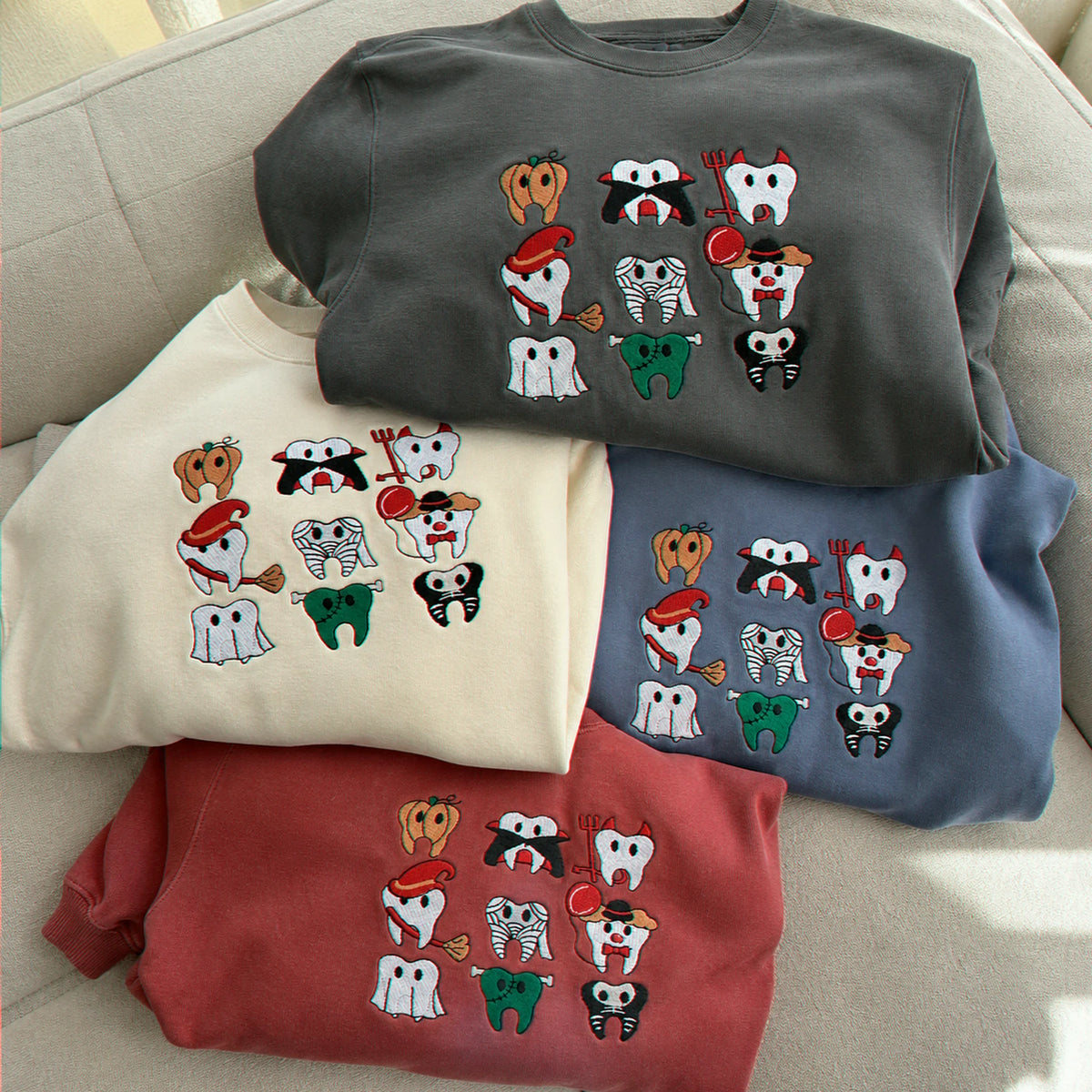 Embroidered Comfort Color® Spooky Halloween Teeth Sweatshirt, Dental Squad Sweater