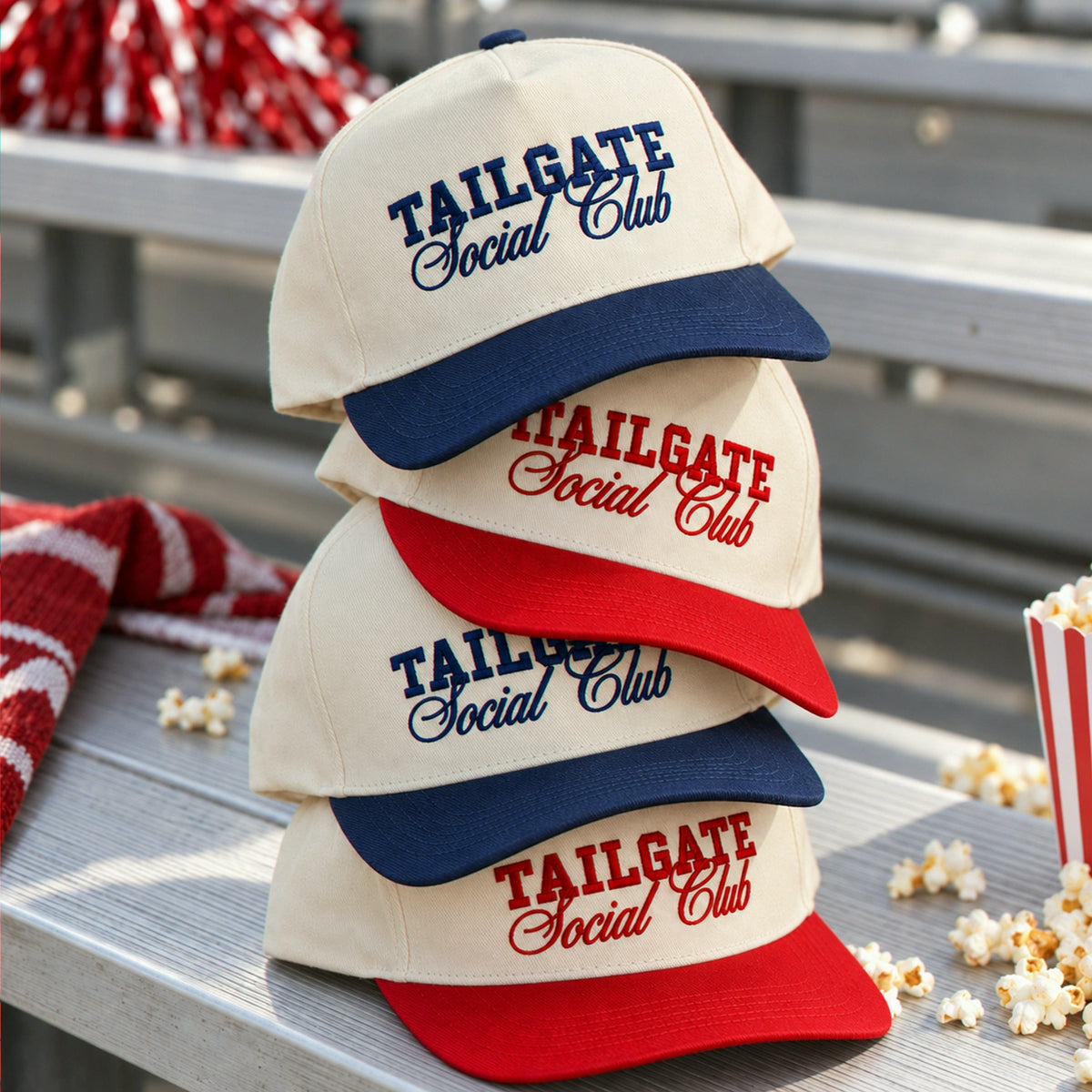 Embroidered Tailgate Social Club Snapback Hats - Trendy Game Day Party Apparel Text, Logo, Name