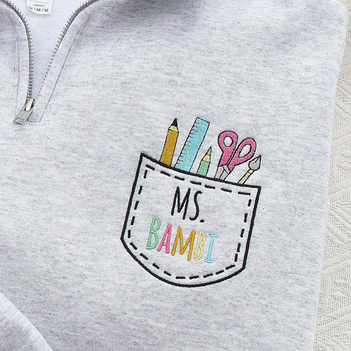 Personalized Back to School Teacher Quarter Zip for Sister - Embroidered Name with Classroom Icon Pocket, Appreciation Gift