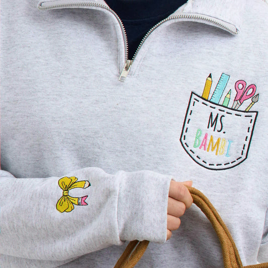 Personalized Back to School Teacher Quarter Zip for Sister - Embroidered Name with Classroom Icon Pocket, Appreciation Gift