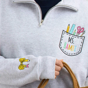 Personalized Back to School Teacher Quarter Zip for Sister - Embroidered Name with Classroom Icon Pocket, Appreciation Gift