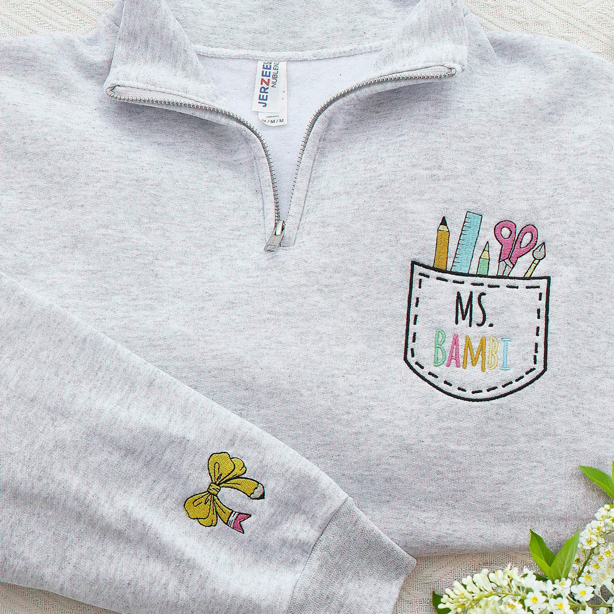Personalized Back to School Teacher Quarter Zip for Sister - Embroidered Name with Classroom Icon Pocket, Appreciation Gift