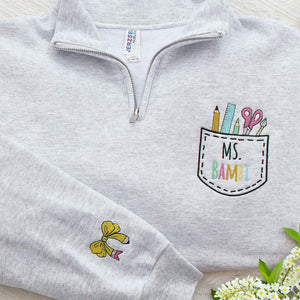 Personalized Back to School Teacher Quarter Zip for Sister - Embroidered Name with Classroom Icon Pocket, Appreciation Gift