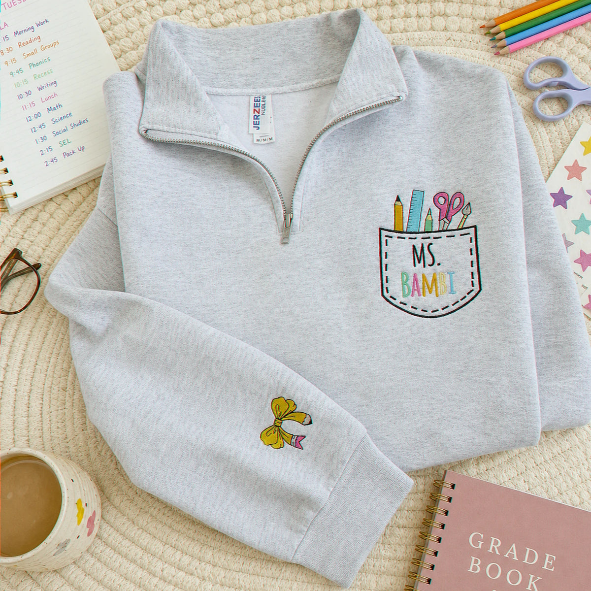 Personalized Back to School Teacher Quarter Zip for Sister - Embroidered Name with Classroom Icon Pocket, Appreciation Gift