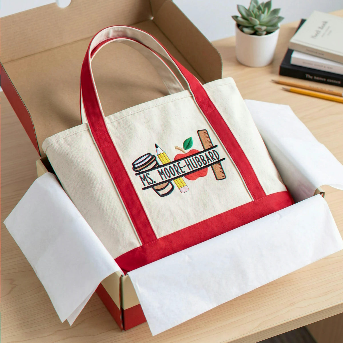 Personalized New Teacher Name Embroidered Tote Bag - Gift for First Day School