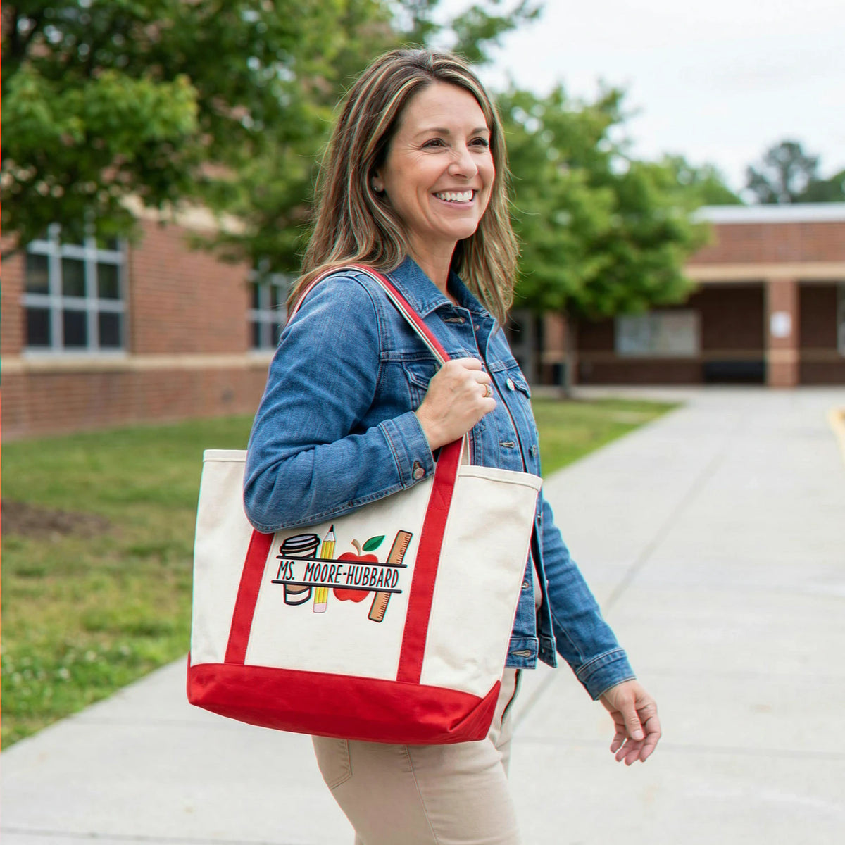 Personalized New Teacher Name Embroidered Tote Bag - Gift for First Day School