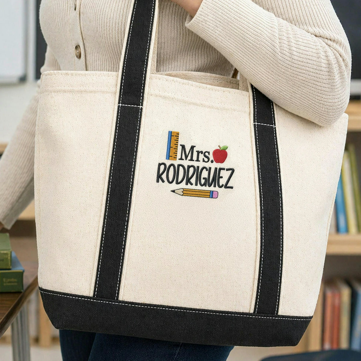 Embroidered Canvas Tote Bag for Teacher - Personalized Name, Boho Apple Pencil